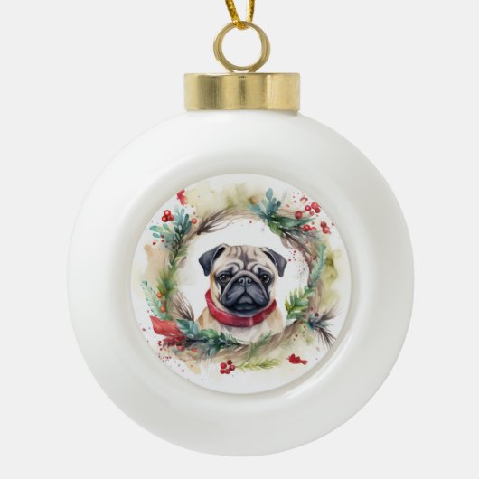 Mops Kerstkrans Festieve Pup Keramische Bal Ornament (Voorkant)