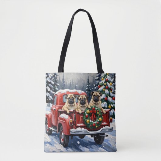 Mops Kerstmis Rode Truck Vakantie Tote Bag (Voorkant)