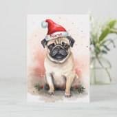 Mops kerstwaterverf kunst met poinsettia feestdagenkaart (Staand voorkant)