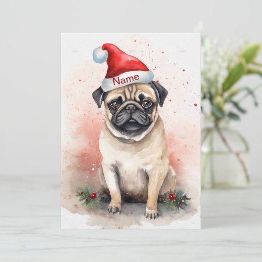 Mops kerstwaterverf kunst met poinsettia feestdagenkaart (Staand voorkant)