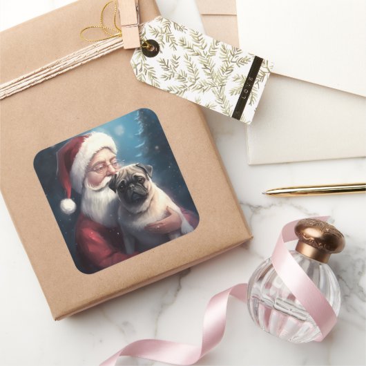 Mops met kerstman Feestelijke Kerst Vierkante Sticker (Geschenken)