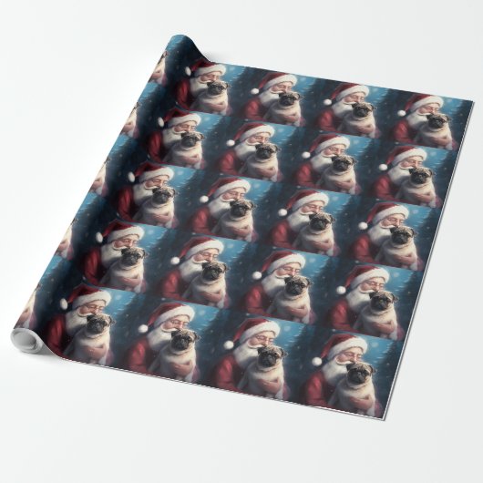 Mops Met Kerstman Festieve Kerstmis Cadeaupapier (Uitgerold)
