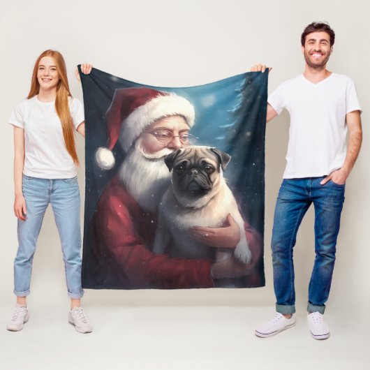 Mops Met Kerstman Festieve Kerstmis Fleece Deken (In situ)