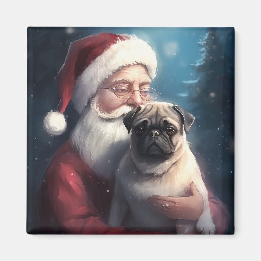 Mops Met Kerstman Festieve Kerstmis Magneet (Voorkant)
