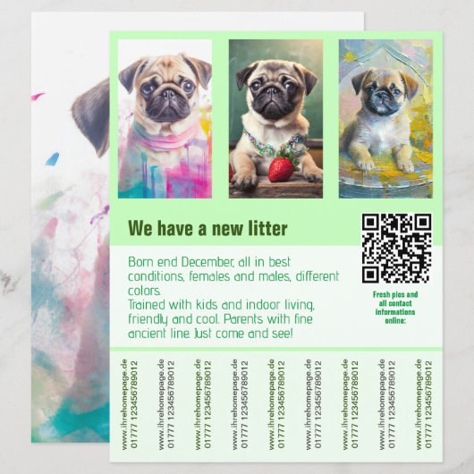 Mops puppy's te koop flyer sjabloon QR code (Voorkant / Achterkant)