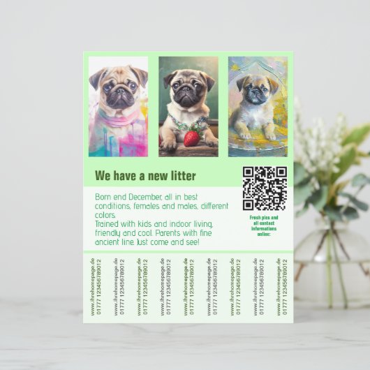 Mops puppy's te koop flyer sjabloon QR code (Staand voorkant)
