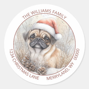 Mops Santa Hond Sneeuwige Winter Aquarel Scene Ronde Sticker