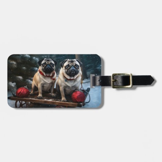 Mops Sneeuwrijke slee Kerst Decoratie Bagagelabel (Voorkant horizontaal)
