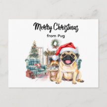 Mops vrolijk kerstfeest aquarel ansichtkaart