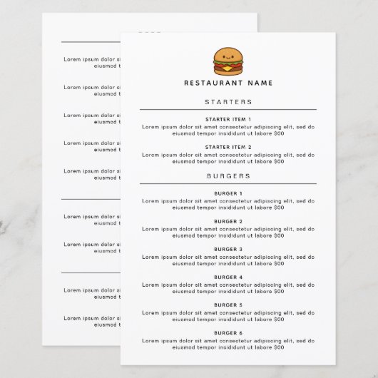 Mopshamburger restaurantmenu (Voorkant / Achterkant)