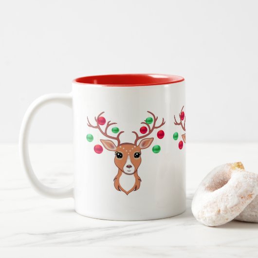 Mopshertelings Kersthert Tweekleurige Mok (Met donut)