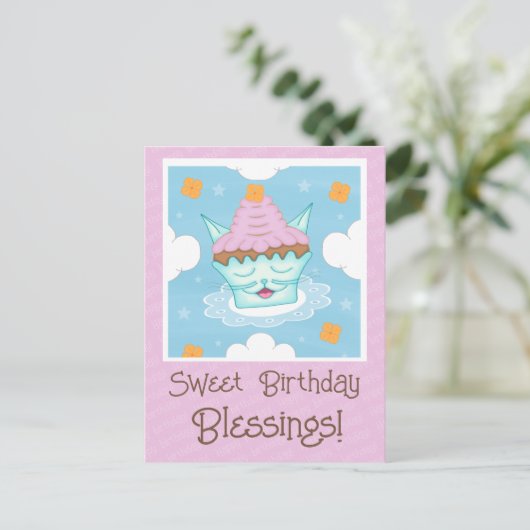 Mopshond Cupcake Geboortekaartje Vliegend Katje Ge Briefkaart (Staand voorkant)