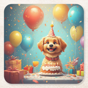 Mopshond die verjaardagsfeest viert met cake kartonnen onderzetters