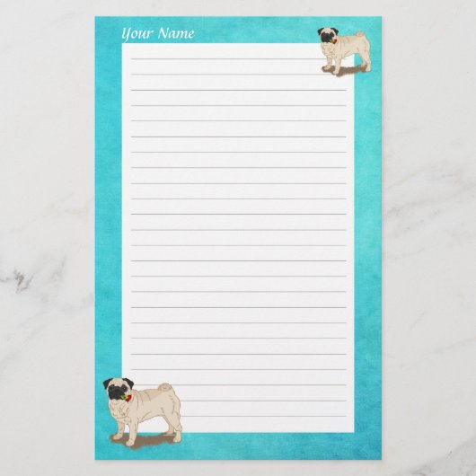 Mopshond en Rozen Jouw naam Slogan Schattigee Hond Briefpapier (Voorkant)