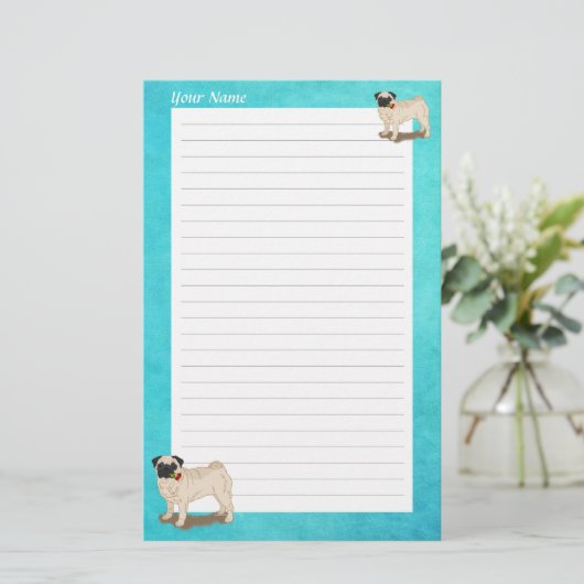 Mopshond en Rozen Jouw naam Slogan Schattigee Hond Briefpapier (Staand voorkant)