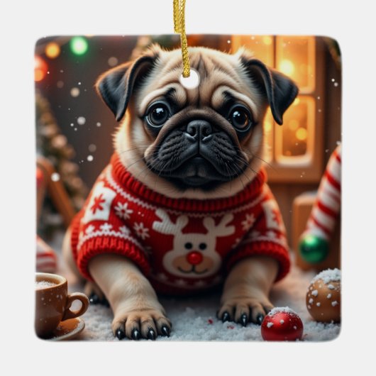 Mopshond Kerst Kunst Keramisch Ornament (Voorkant)