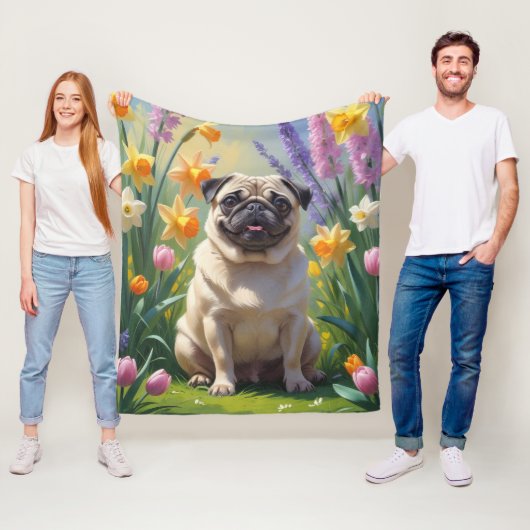 Mopshond Lente Bloemen Schilderij Fleece Deken (In situ)