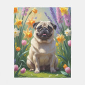 Mopshond Lente Bloemen Schilderij Fleece Deken (Voorkant)
