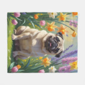 Mopshond Lente Bloemen Schilderij Fleece Deken (Voorkant (Horizontaal))