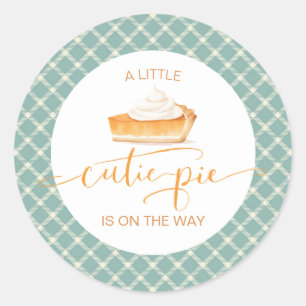 Mopshond pompoentaart herfst geruite babyshower ronde sticker