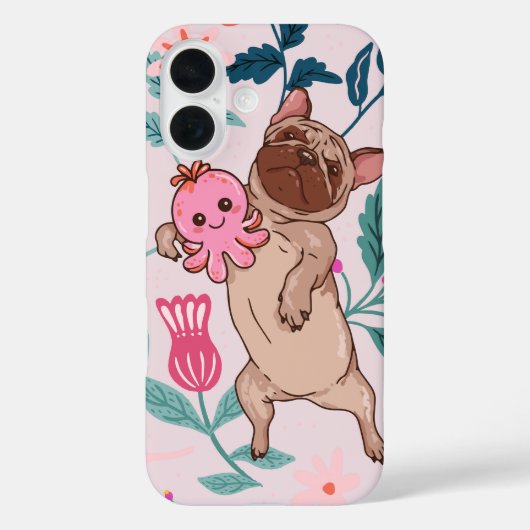 Mopshond & Roze Octopus Speelse Hond Bloemen Case-Mate iPhone Case (Achterkant)