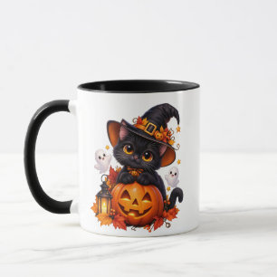 Mopshond Zwarte Kat Halloween Pompoen Combo Mok