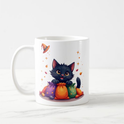 Mopshond Zwarte Kat Halloween Snoep Mok (Links)