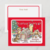 Mopshonden Kerstkaart met platte rode achtergrond (Voorkant / Achterkant)