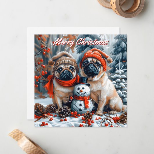 Mopshonden met Snowman Pack of Flat Christmas Notitiekaartje (Voorkant / Achterkant in situ)