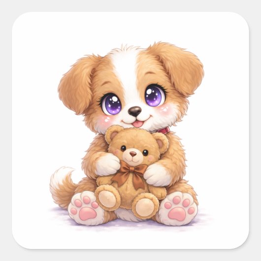 Mopshondje met knuffelbeer vierkante sticker (Voorkant)