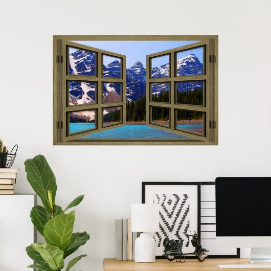 Moraine Lake Brown Wood 6 Pane Open Window Poster (Thuiskantoor)