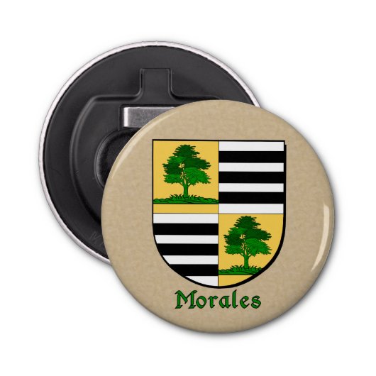 Morales Heraldic Arms op perkament stijl terug Button Flesopener (Voorkant)