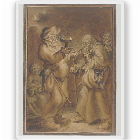 Moraliserende scène met een oude vrouw en een Man Sticker (Voorkant)