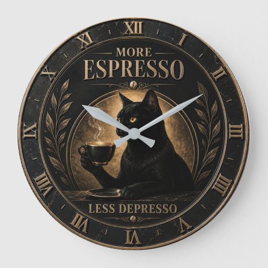 More Espresso Less Depresso Black Cat  Grote Klok (Voorkant)