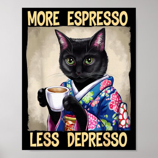 More Espresso Less Depresso Japanese Art Funny Cat Poster (Voorkant)