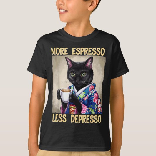 More Espresso Less Depresso Japanese Art Funny Cat T-shirt (Voorkant)