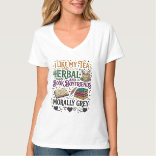 Moreel grijze boeken-vriendje-kruidenthee-romance t-shirt