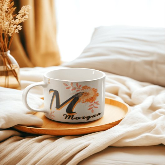 Morgan name Mug &golden flower.Letter M-writ u na Mok