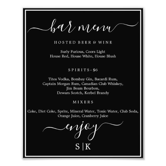 "Morgana Wedding Suite- Bar Menu Sign" Foto Afdruk (Voorkant)