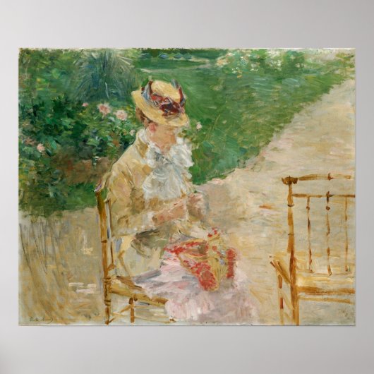 Morisot - Jonge vrouw naait in de tuin 1883 Poster (Voorkant)
