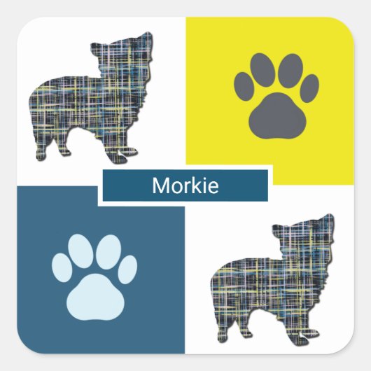 Morkie Dog & Paw Y&B Grid Square Sticker (Voorkant)