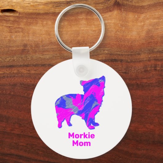Morkie Dog Silhouette Hot Pink en Blue Sleutelhanger (Voorkant)