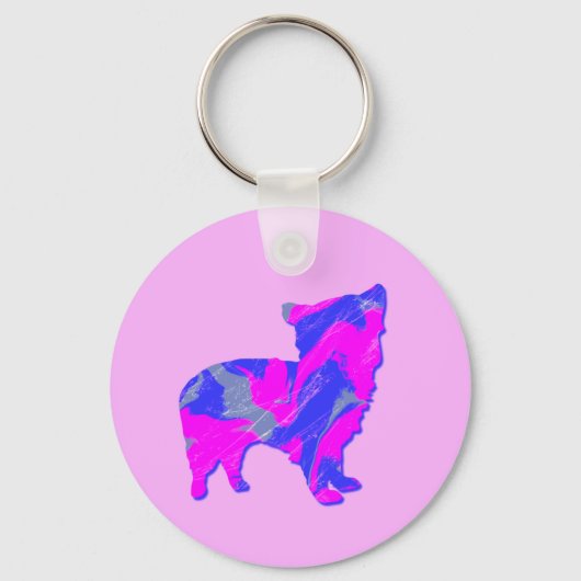 Morkie Dog Silhouette Hot Pink en Blue Sleutelhanger (Achterkant)
