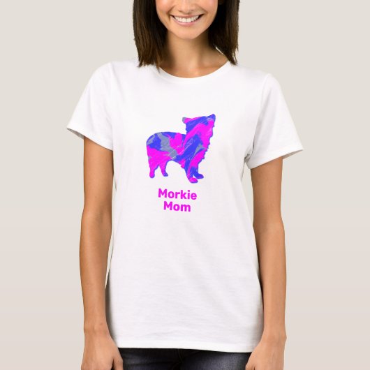Morkie Dog Silhouette Hot Pink en Blue T-shirt (Voorkant)