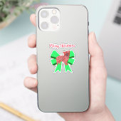 Morkie Dog Silhouette Red en Green Bow Kerstmis Sticker (Telefoon)