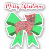 Morkie Dog Silhouette Red en Green Bow Kerstmis Sticker (Voorkant)