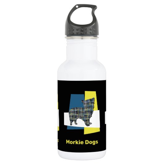 Morkie Dog Silhouette Yellow & Blue Grid Waterfles (Voorkant)