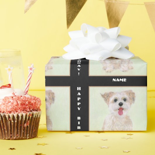 Morkie Dog-werkpapier op zwart met tekst Cadeaupapier (Verjaardagsfeest)