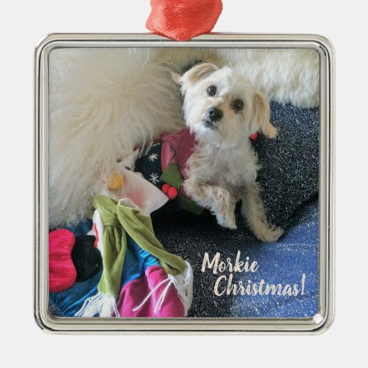 Morkie kerststooking Premium-versiering Metalen Ornament (Voorkant)
