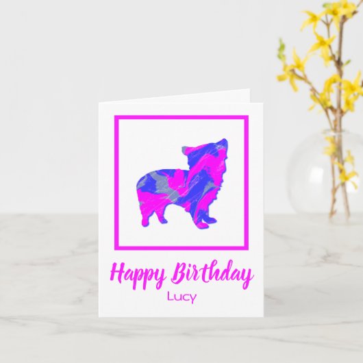 Morkie Pink & Blue Silhouette Dog Funny Birthday Kaart (Gele Bloem)